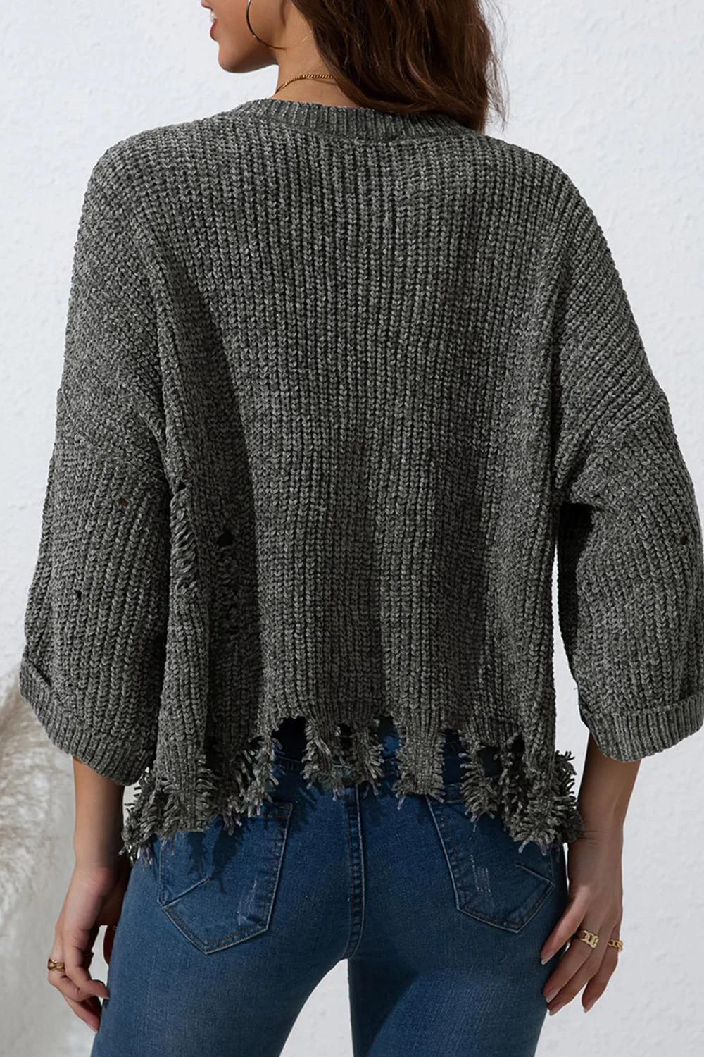 Distressed Round Neck Drop Shoulder Sweater - Image 6