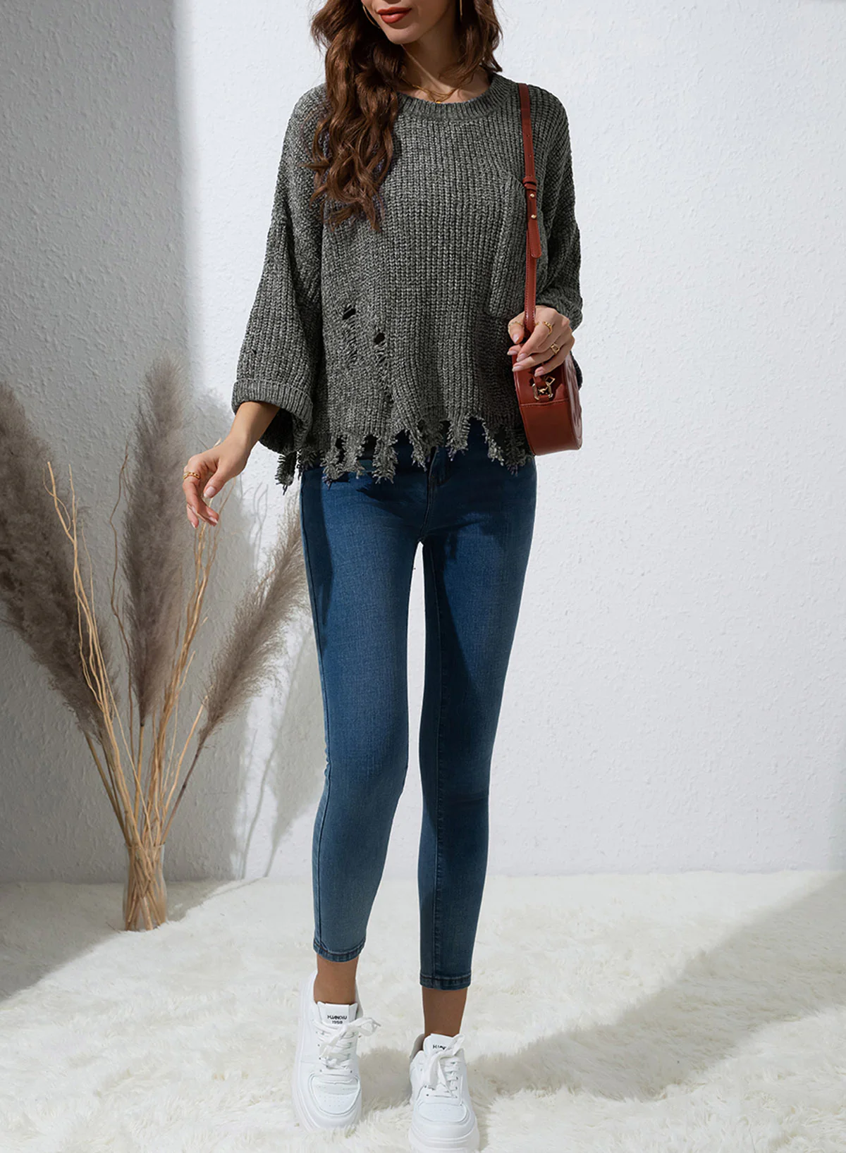 Distressed Round Neck Drop Shoulder Sweater - Image 7