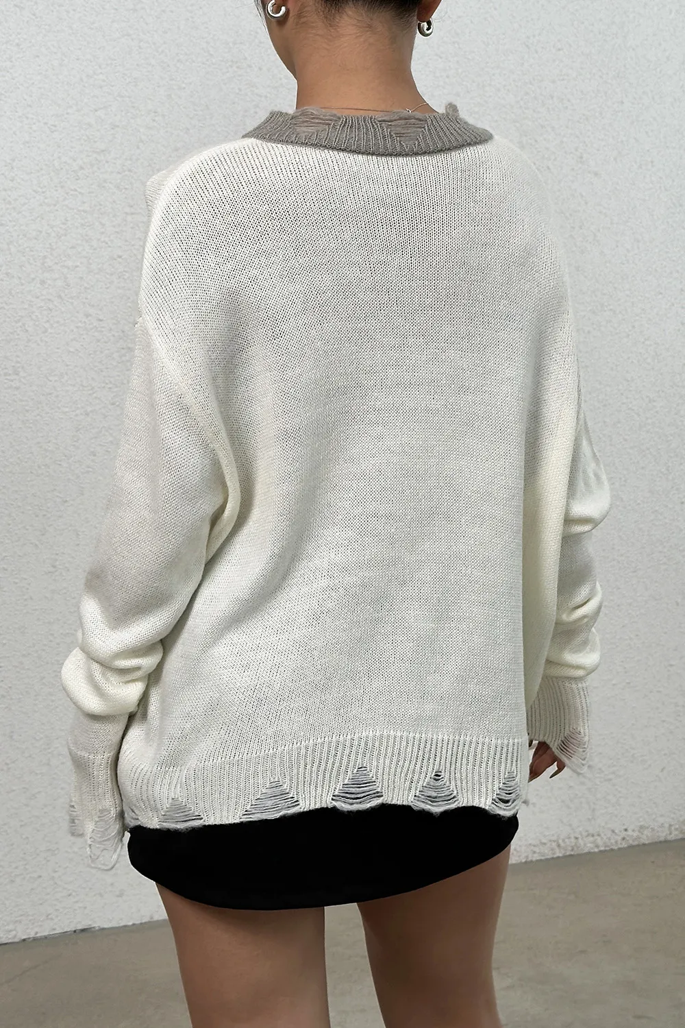 Distressed V-Neck Dropped Shoulder Sweater - Image 2