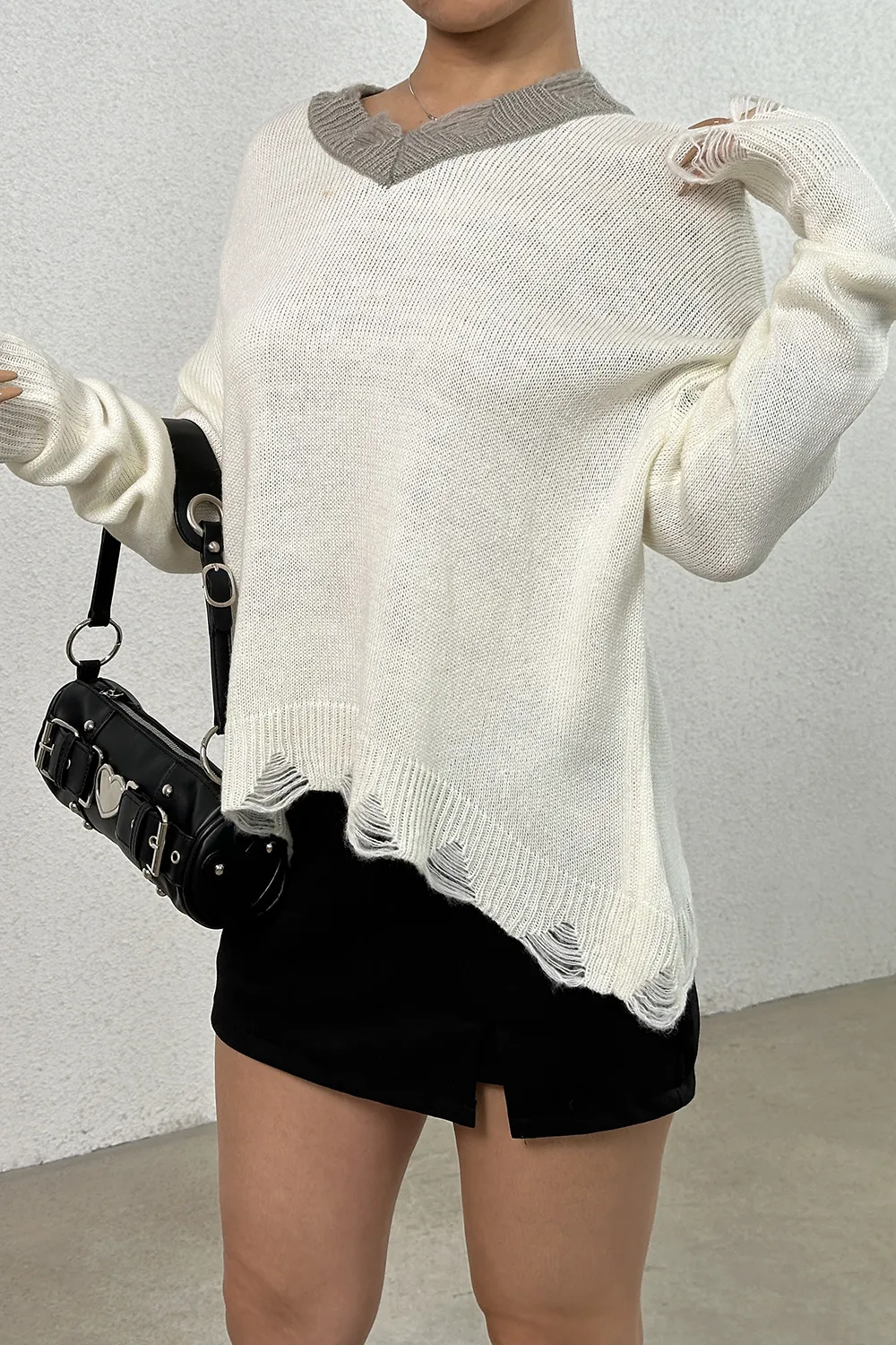 Distressed V-Neck Dropped Shoulder Sweater - Image 3