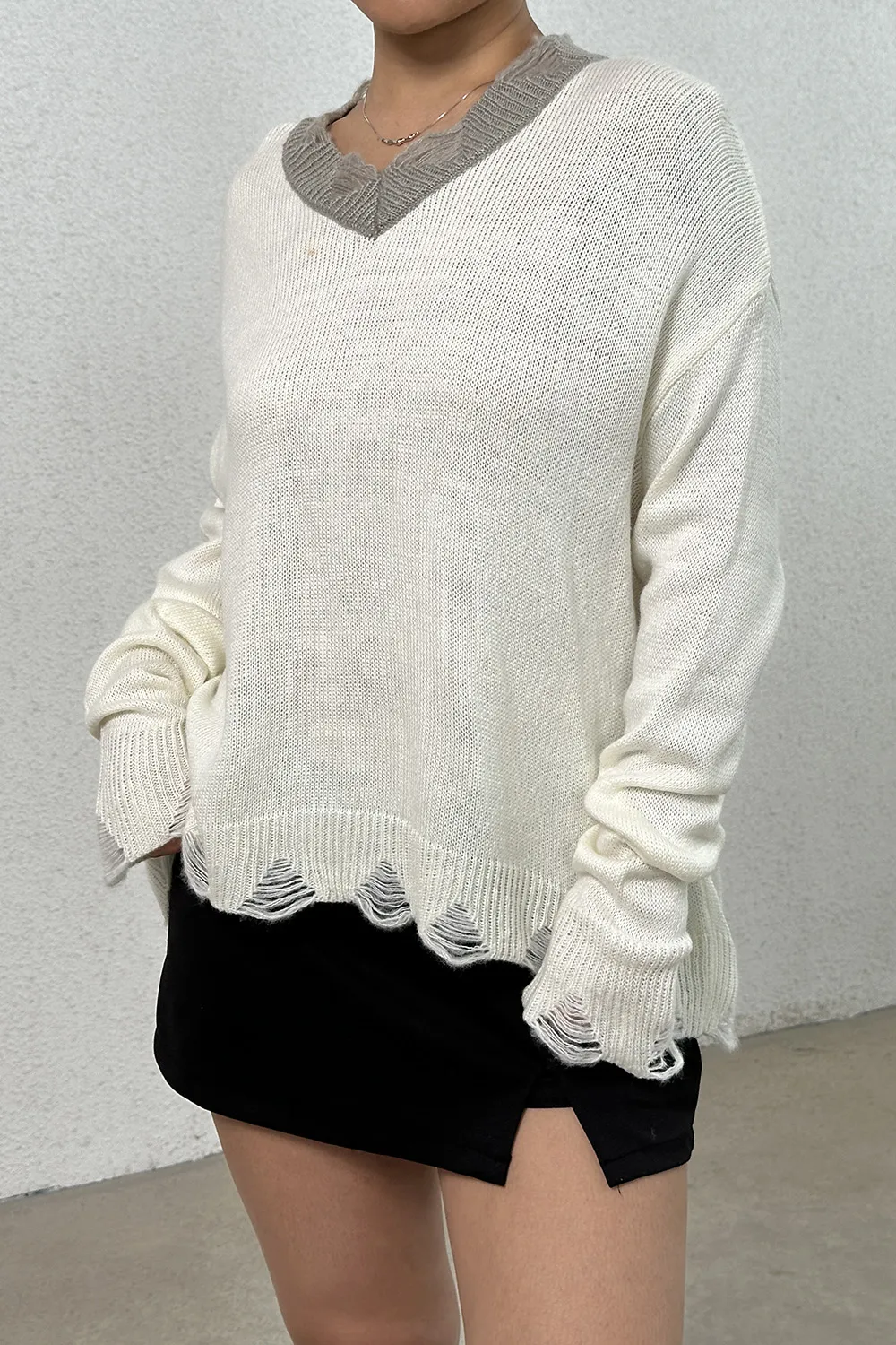Distressed V-Neck Dropped Shoulder Sweater - Image 4