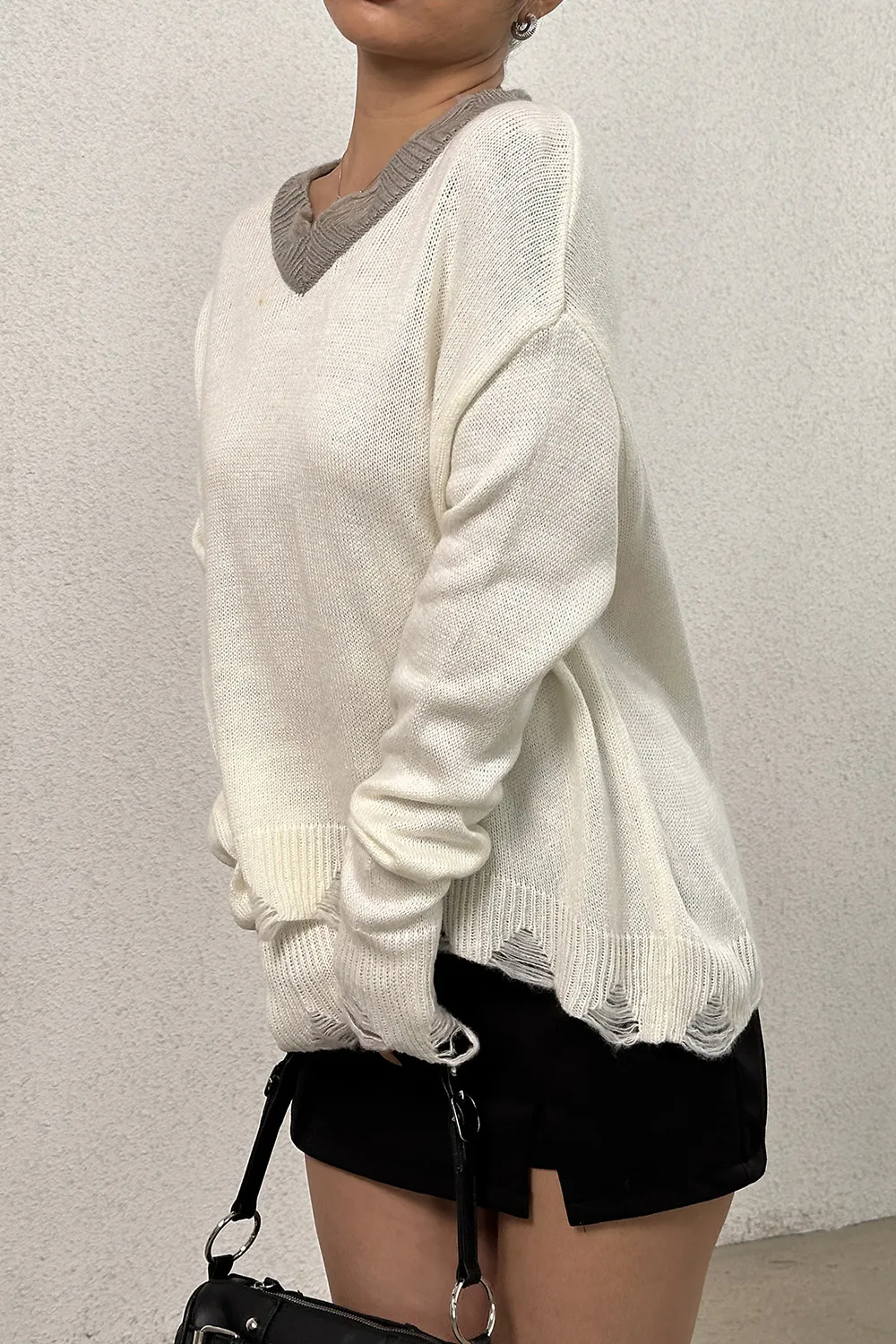 Distressed V-Neck Dropped Shoulder Sweater - Image 5