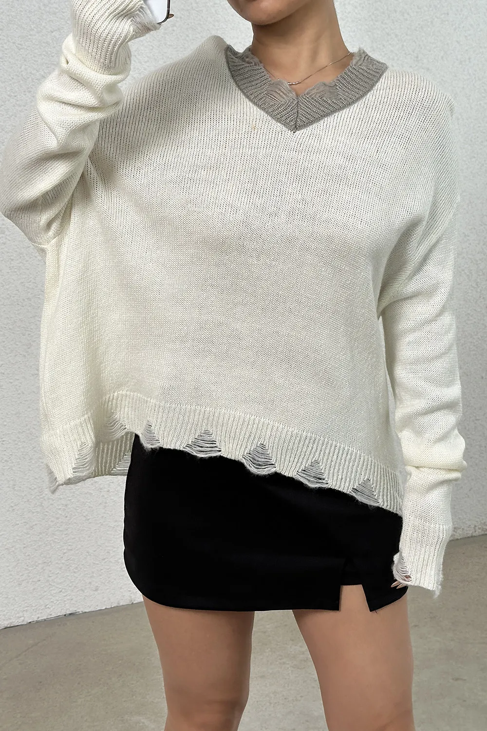 Distressed V-Neck Dropped Shoulder Sweater - Image 6
