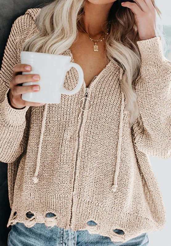 Distressed Zip Up Drawstring Hooded Cardigan - Image 2