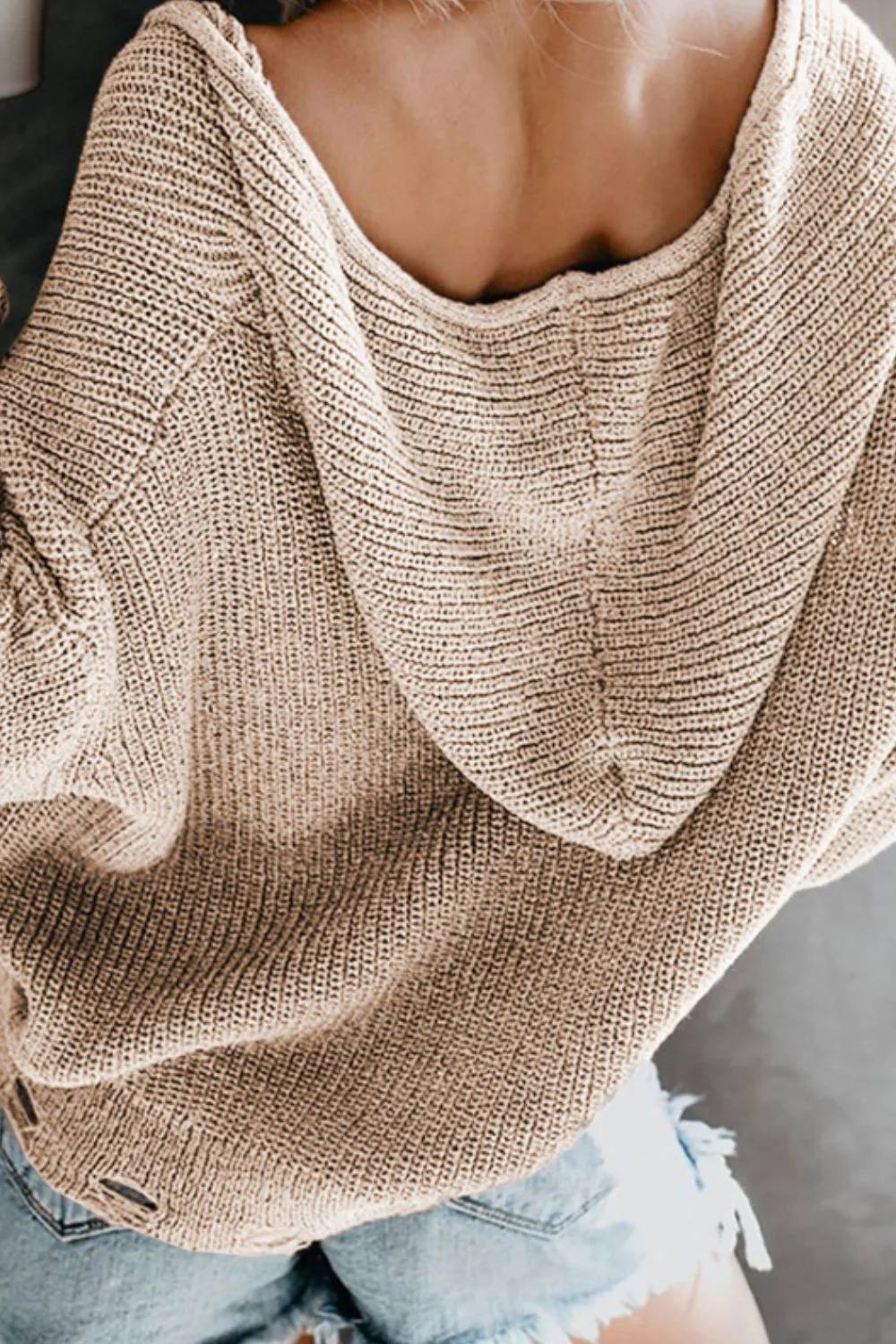 Distressed Zip Up Drawstring Hooded Cardigan - Image 3
