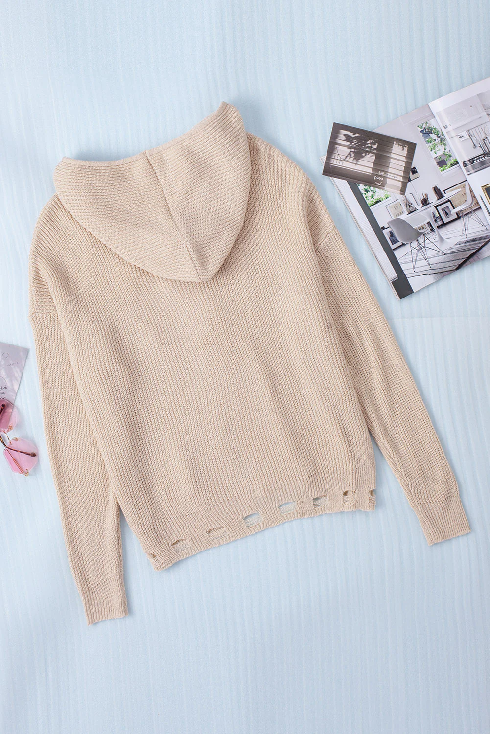 Distressed Zip Up Drawstring Hooded Cardigan - Image 7
