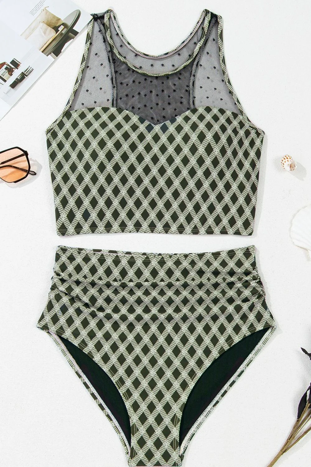 Dotted Mesh Plaid Patchwork High Waisted Swim Set - Image 8