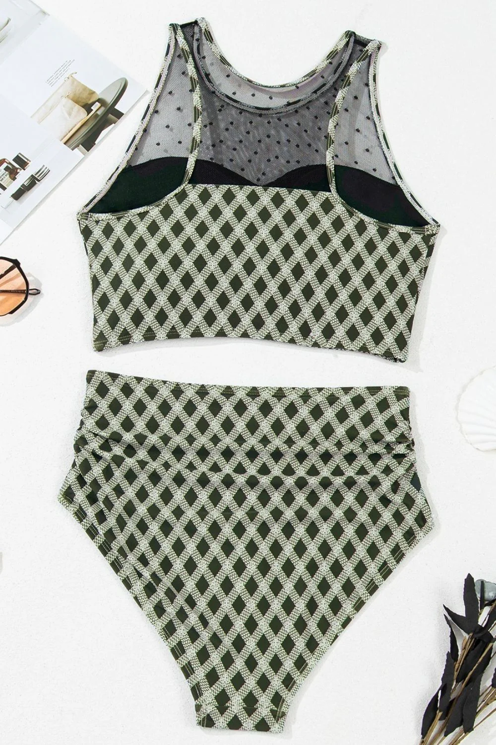 Dotted Mesh Plaid Patchwork High Waisted Swim Set - Image 9
