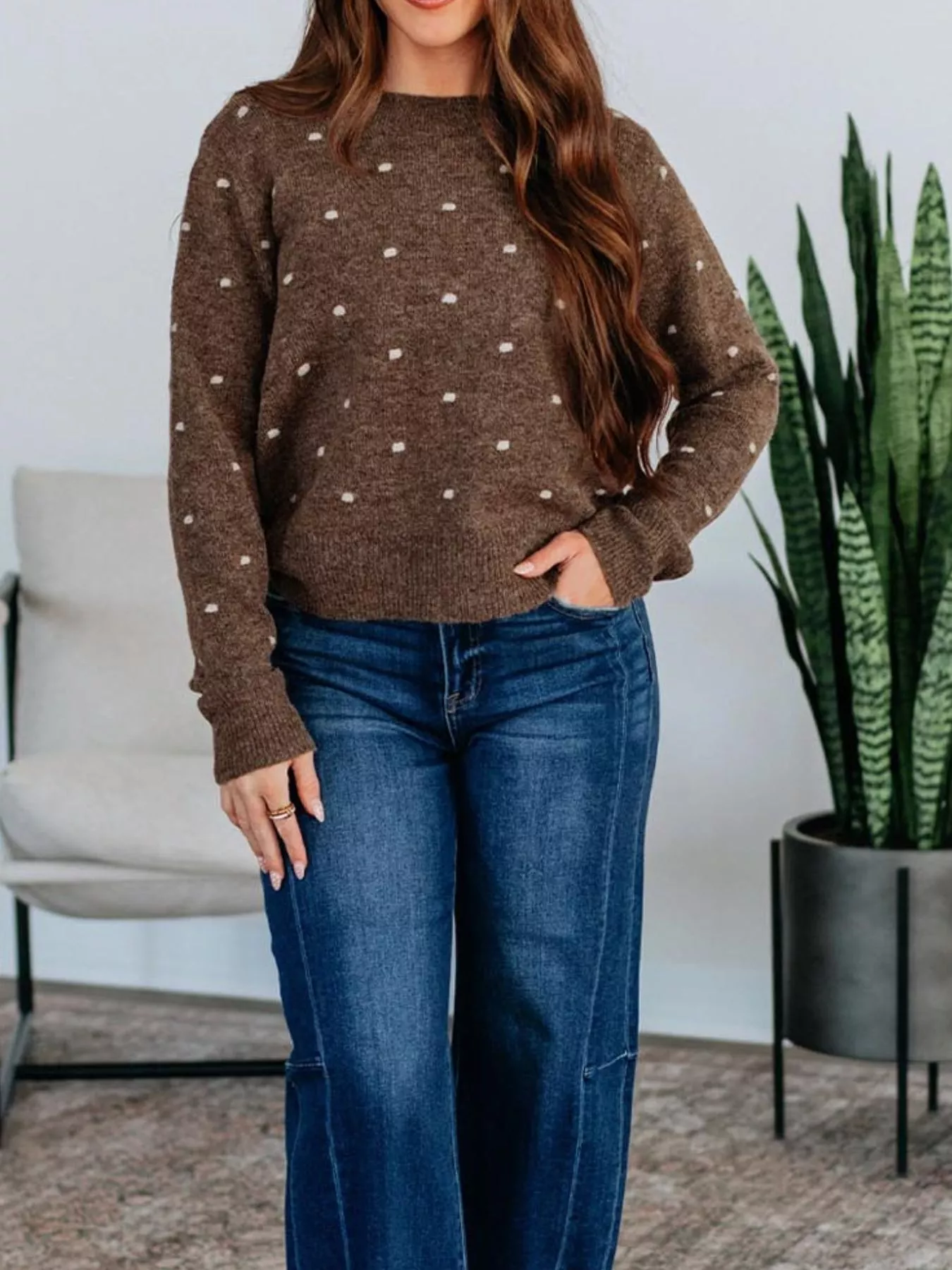 Dotted Print Ribbed Edge Knit Sweater - Image 2