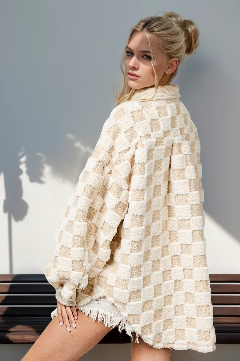 Double Take Button Up Fuzzy Checkered Shacket - Image 3