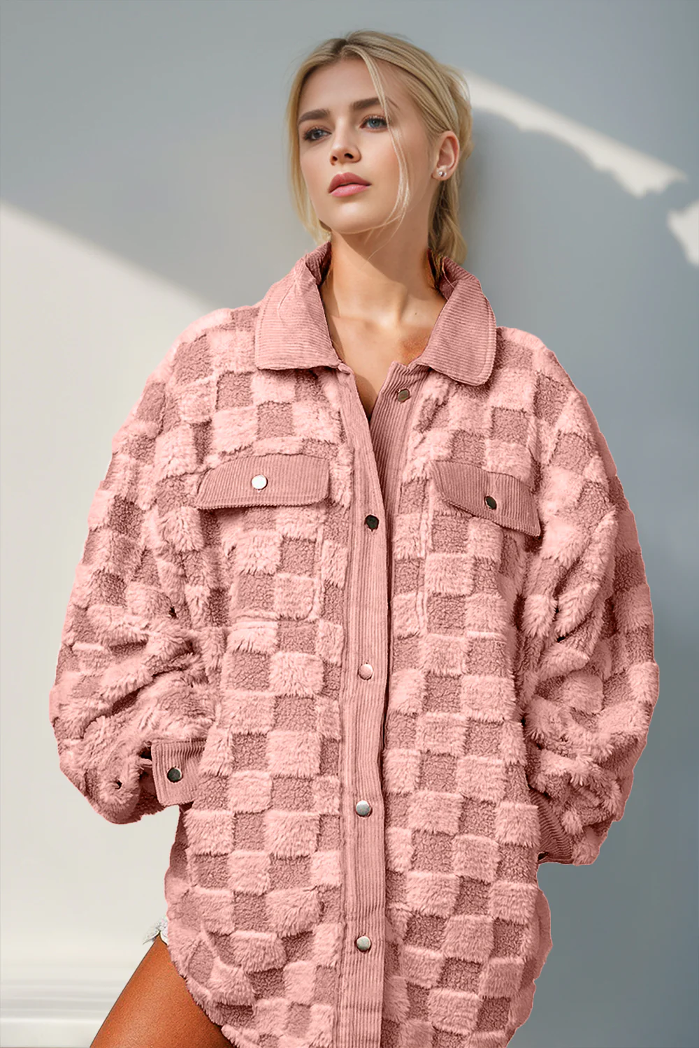 Double Take Button Up Fuzzy Checkered Shacket - Image 4