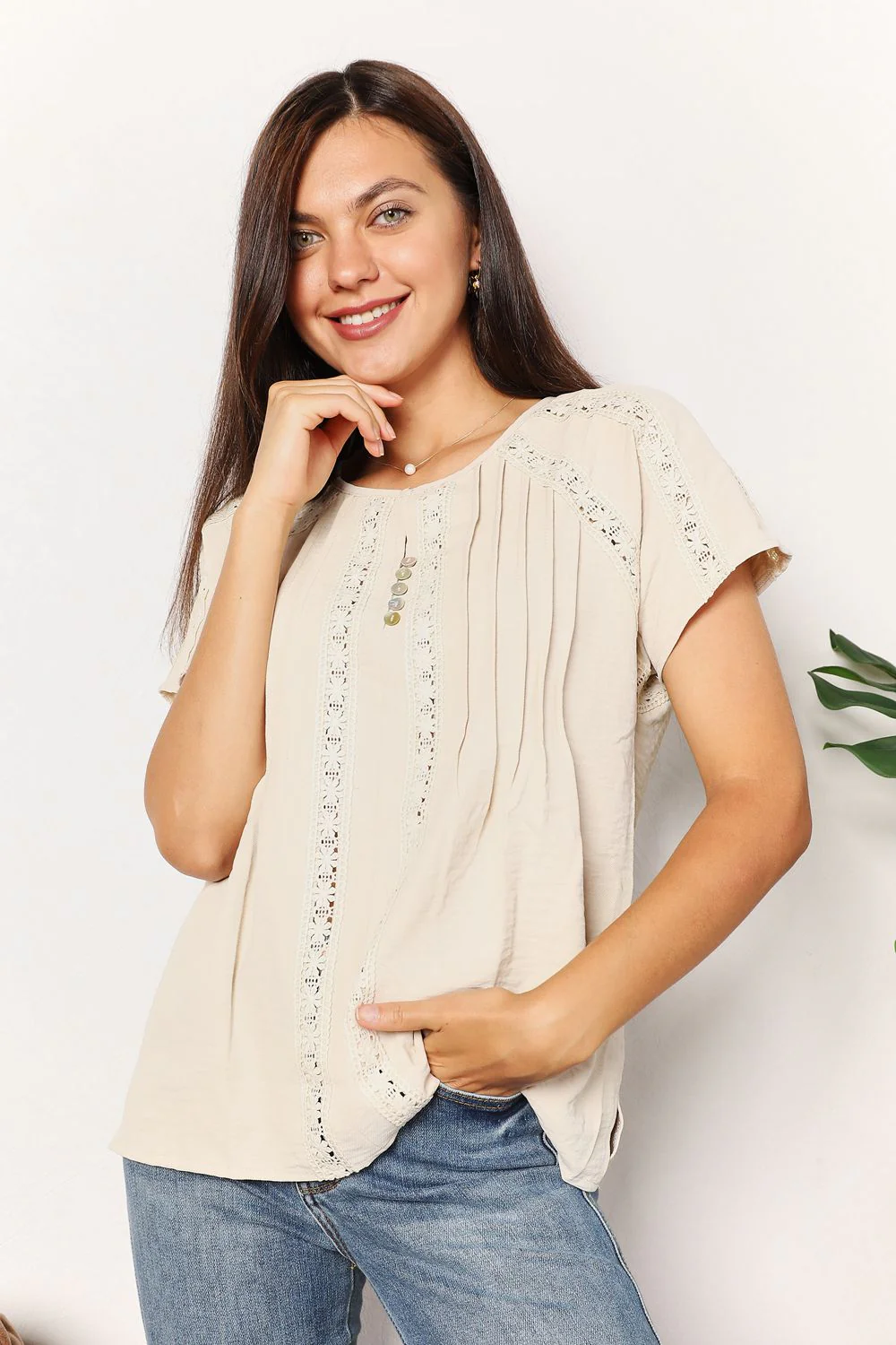 Double Take Crochet Buttoned Short Sleeves Top - Image 7