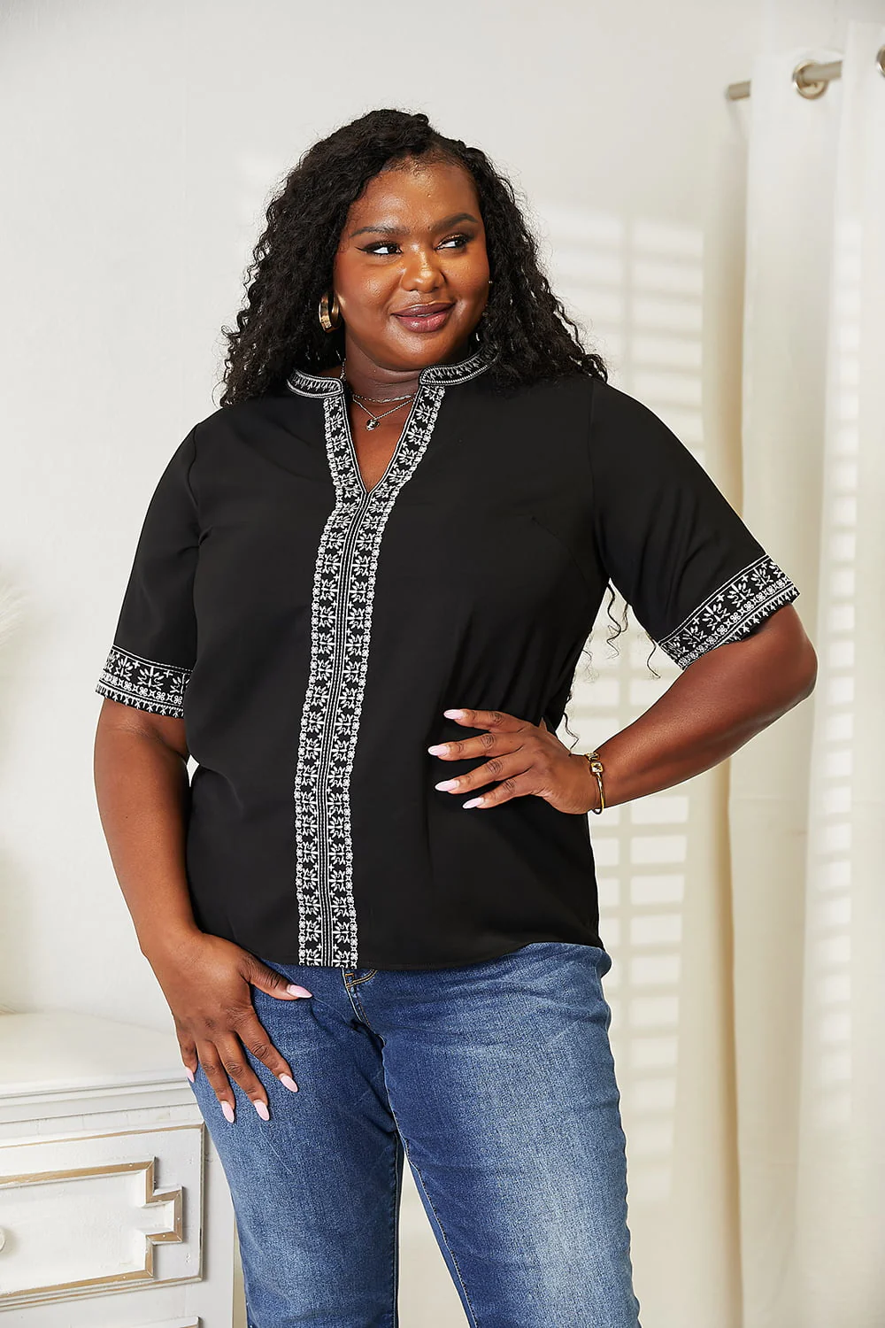 Double Take Embroidered Notched Neck Top - Image 8