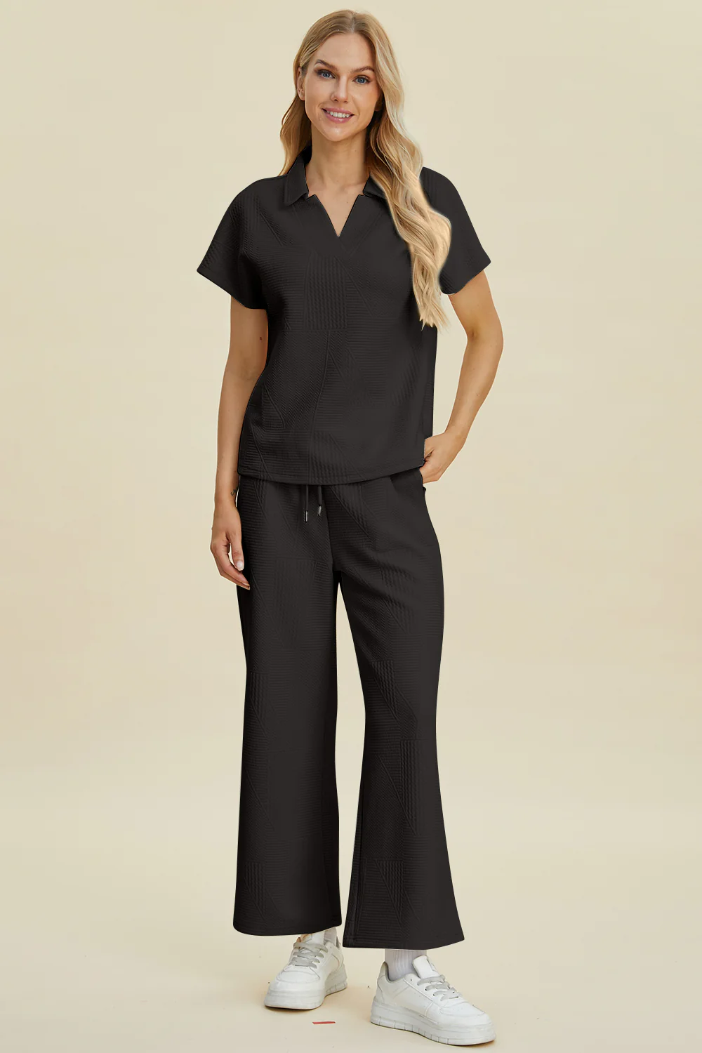 Double Take Full Size Collared Neck Short Sleeve Top and Pants Set - Image 10