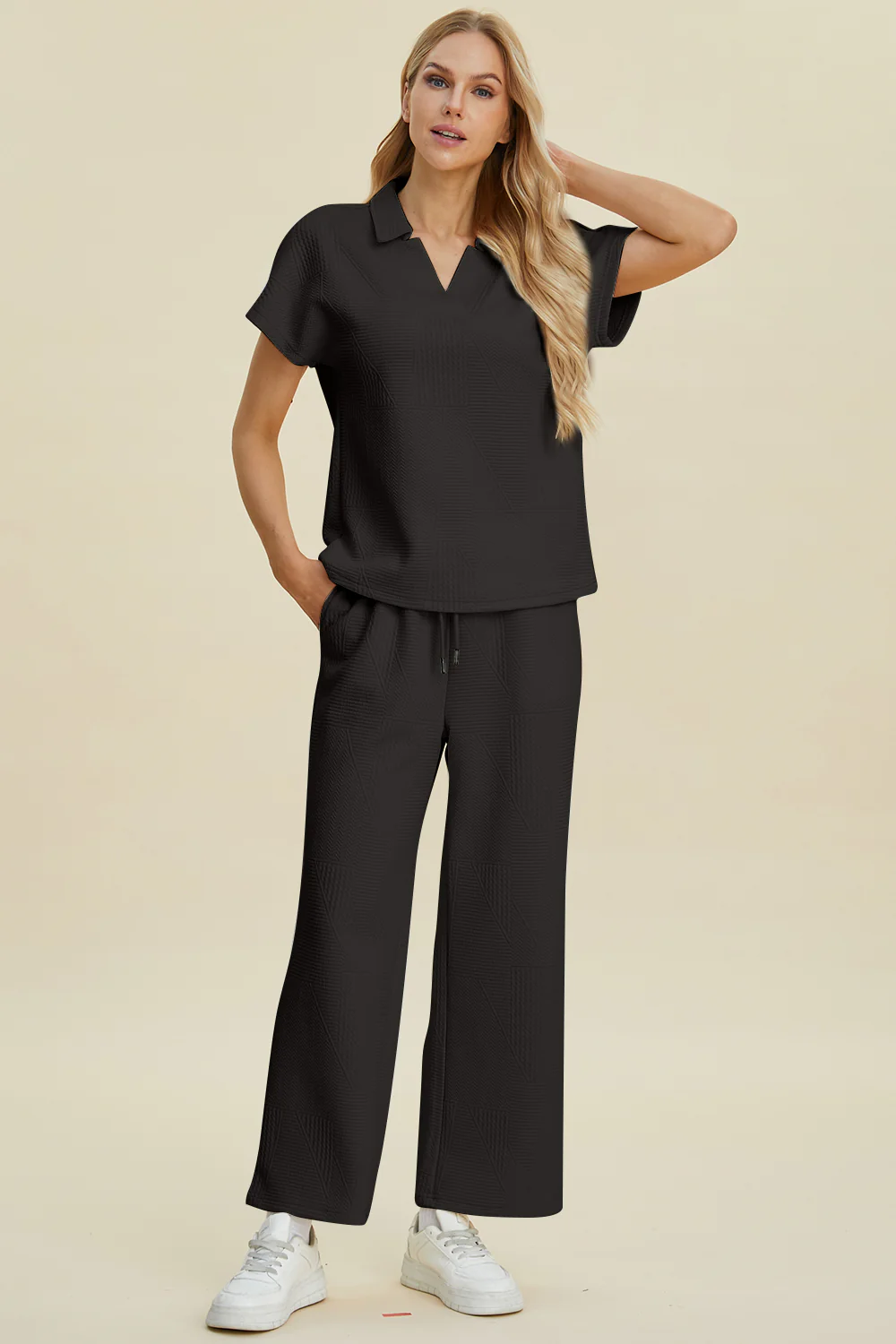 Double Take Full Size Collared Neck Short Sleeve Top and Pants Set - Image 11