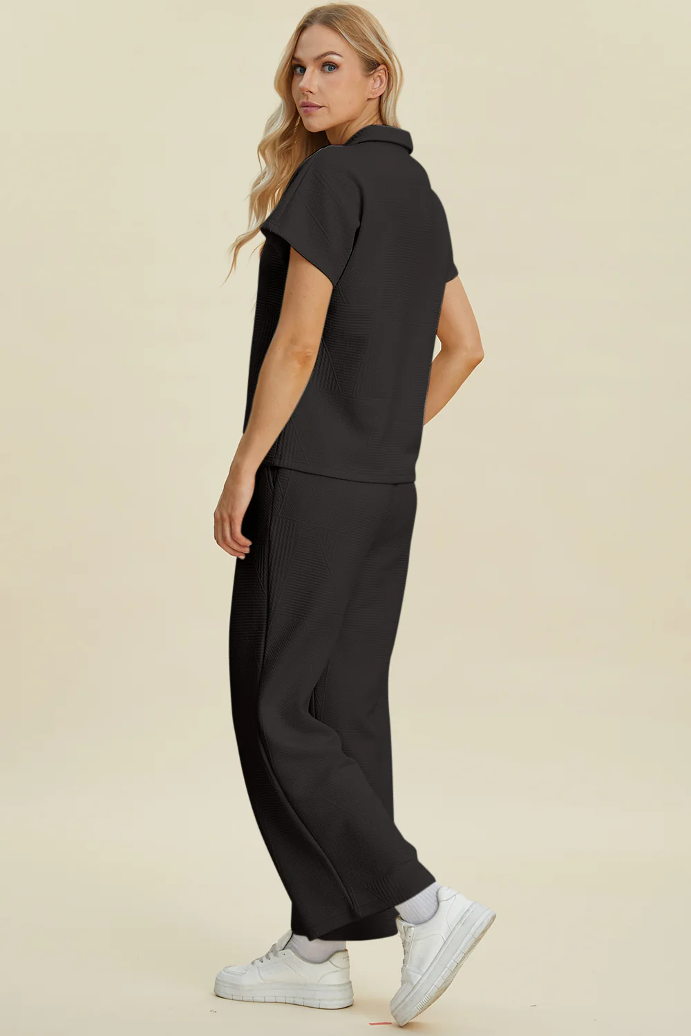 Double Take Full Size Collared Neck Short Sleeve Top and Pants Set - Image 12