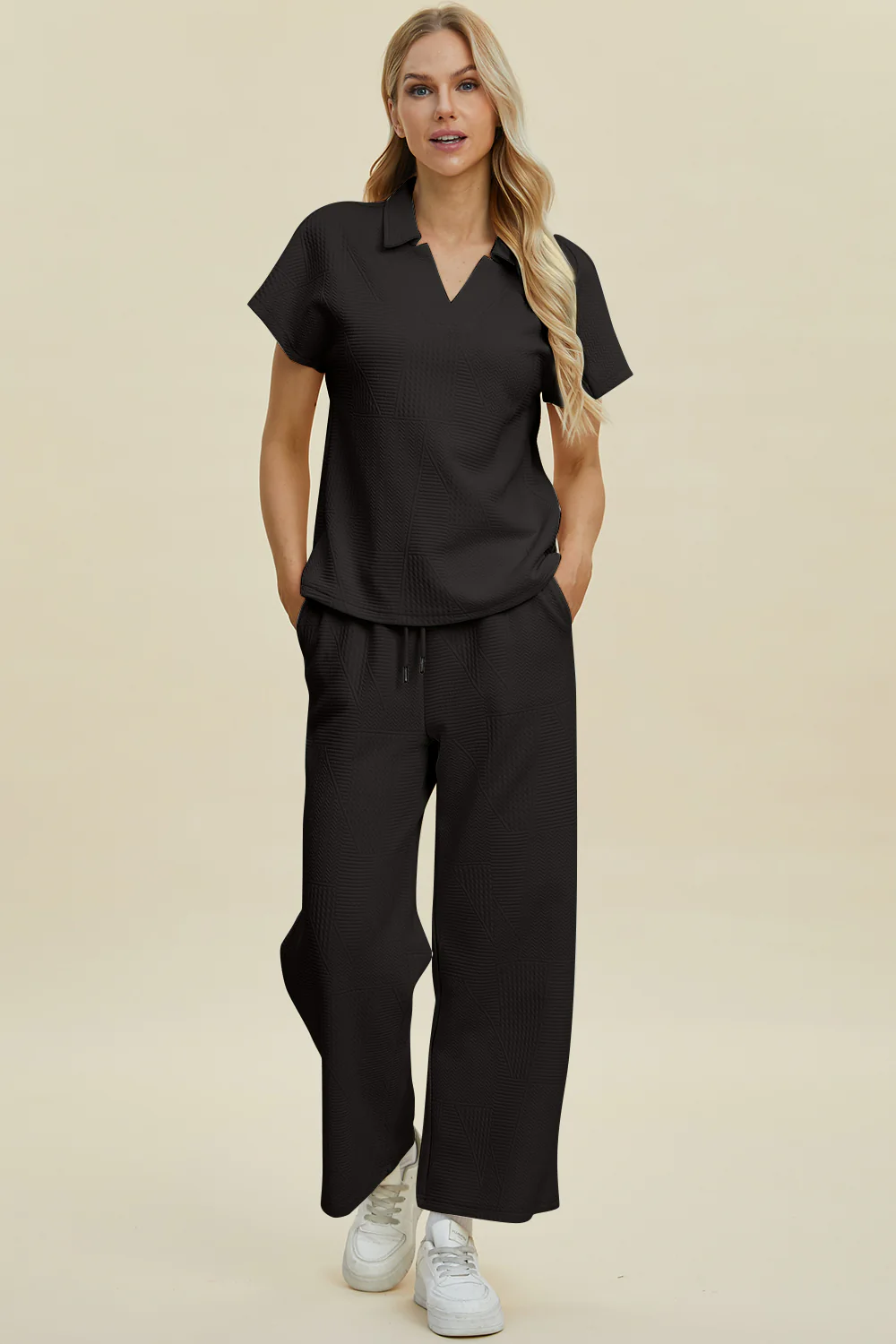 Double Take Full Size Collared Neck Short Sleeve Top and Pants Set - Image 9
