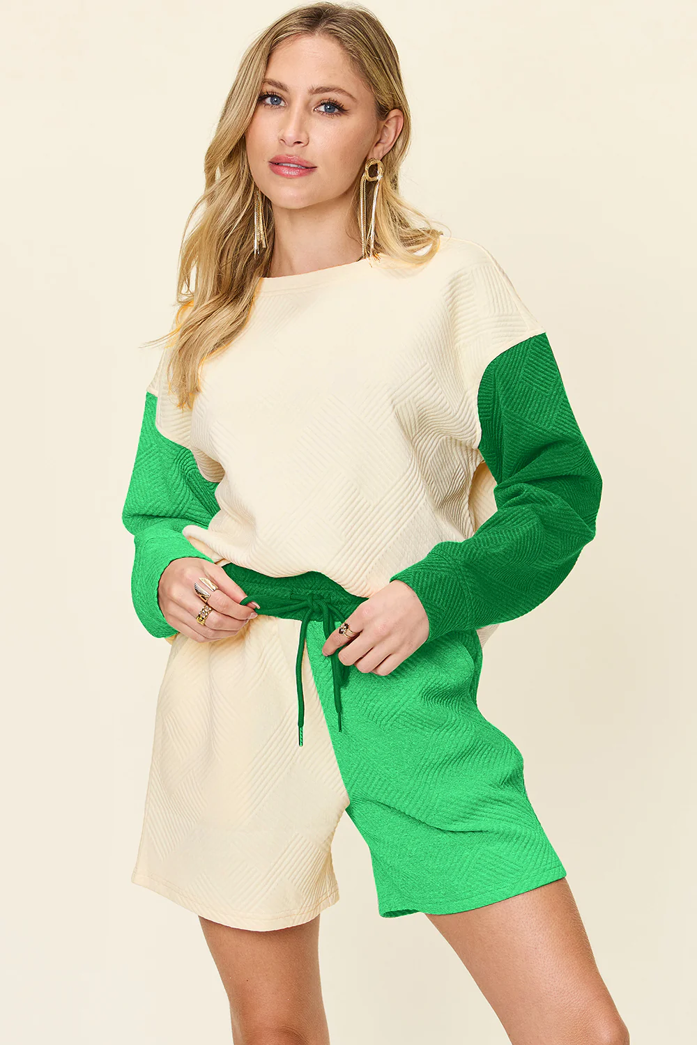 Double Take Full Size Contrast Drop Shoulder Top and Shorts Set - Image 19
