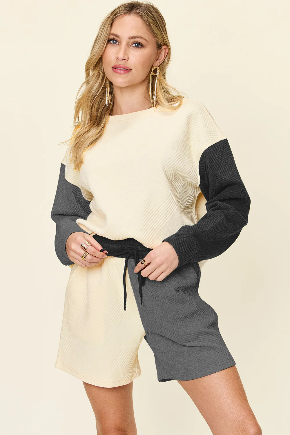 Double Take Full Size Contrast Drop Shoulder Top and Shorts Set - Image 28