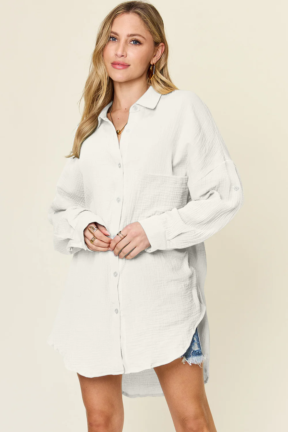 Double Take Full Size Pocketed Texture Button Up Shirt - Image 10