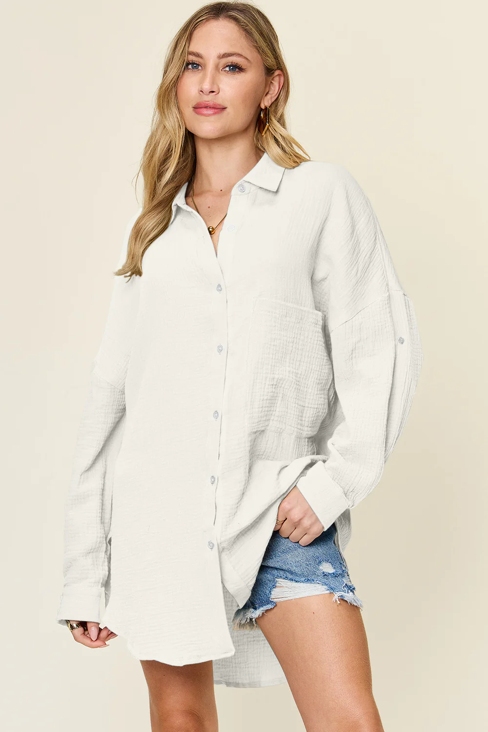 Double Take Full Size Pocketed Texture Button Up Shirt - Image 11