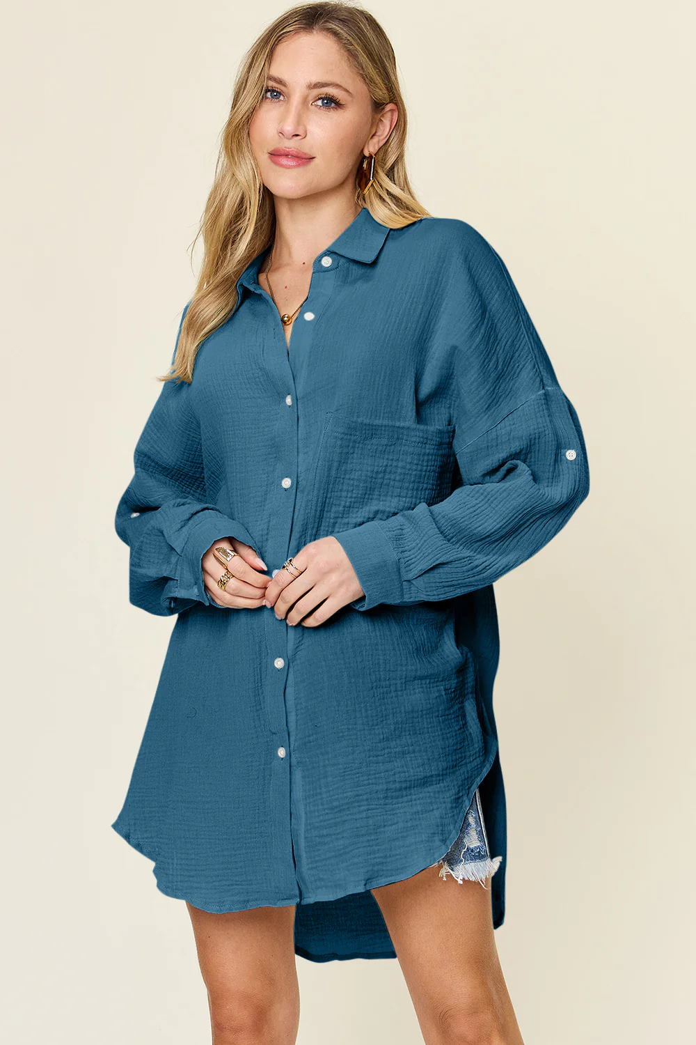 Double Take Full Size Pocketed Texture Button Up Shirt - Image 13