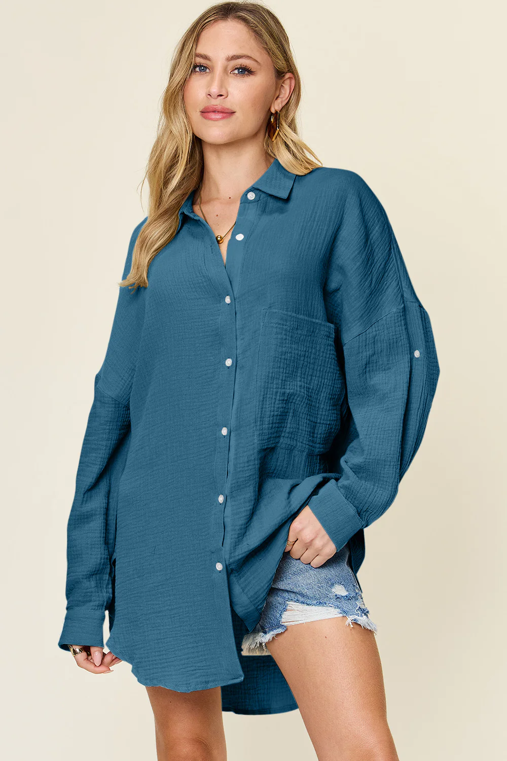 Double Take Full Size Pocketed Texture Button Up Shirt - Image 14