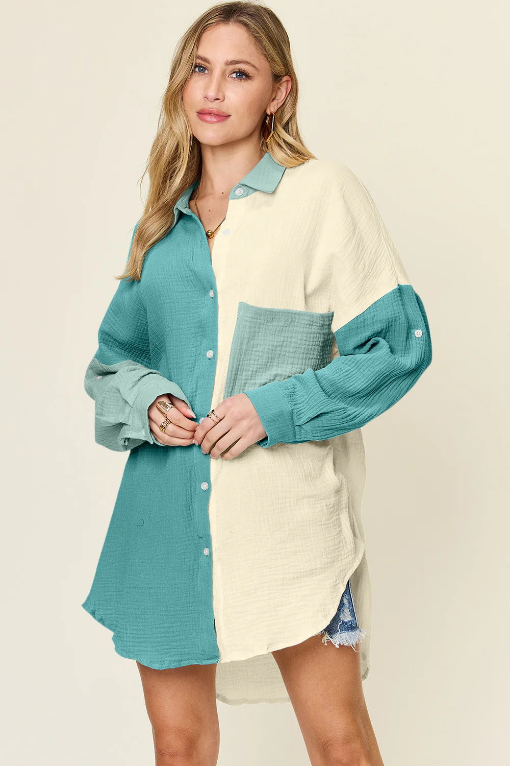 Double Take Full Size Pocketed Texture Button Up Shirt - Image 3