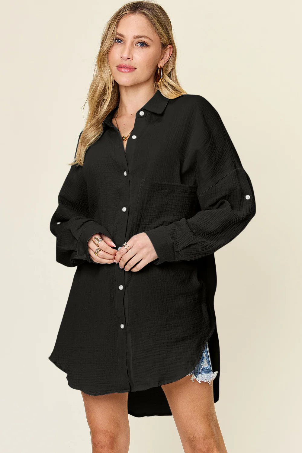Double Take Full Size Pocketed Texture Button Up Shirt - Image 4