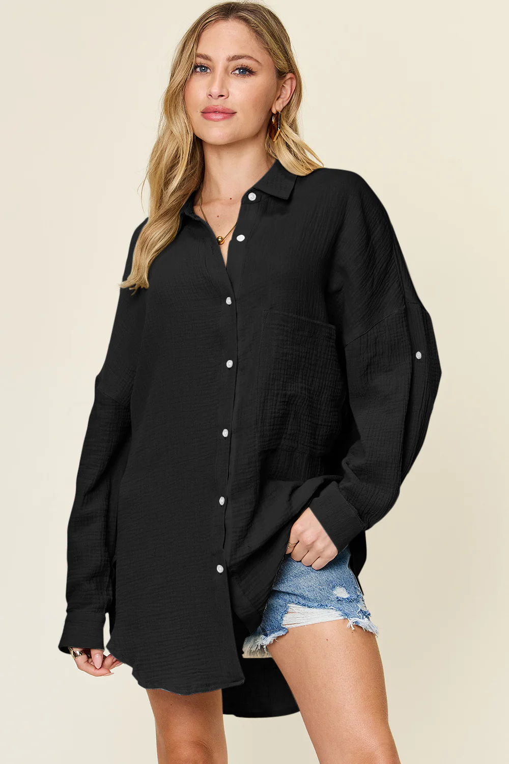 Double Take Full Size Pocketed Texture Button Up Shirt - Image 5