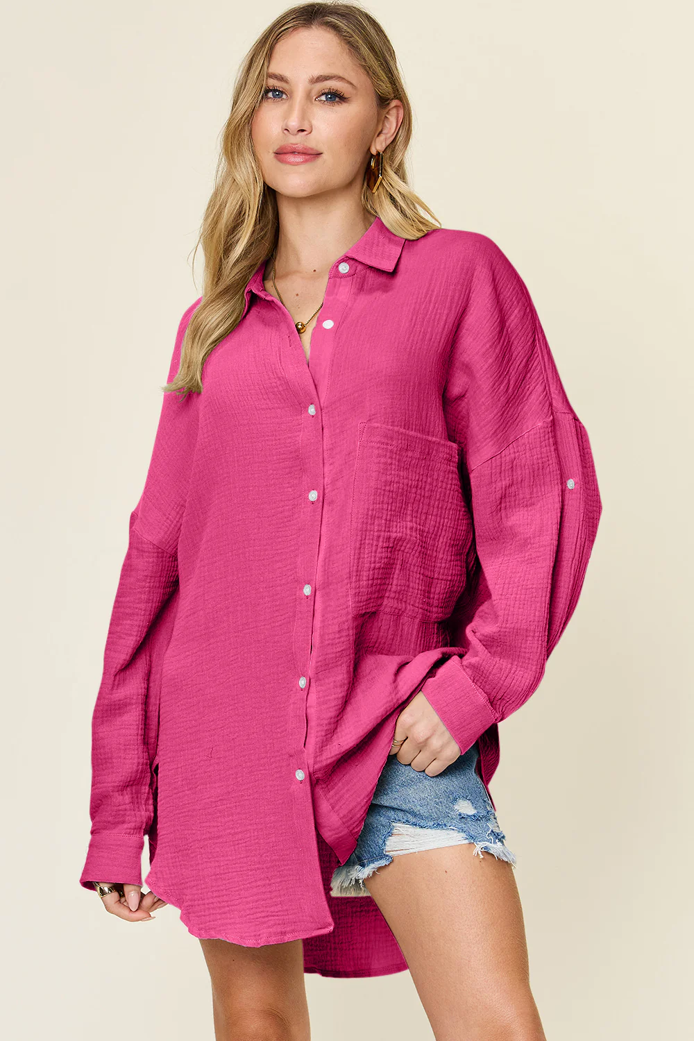 Double Take Full Size Pocketed Texture Button Up Shirt - Image 7