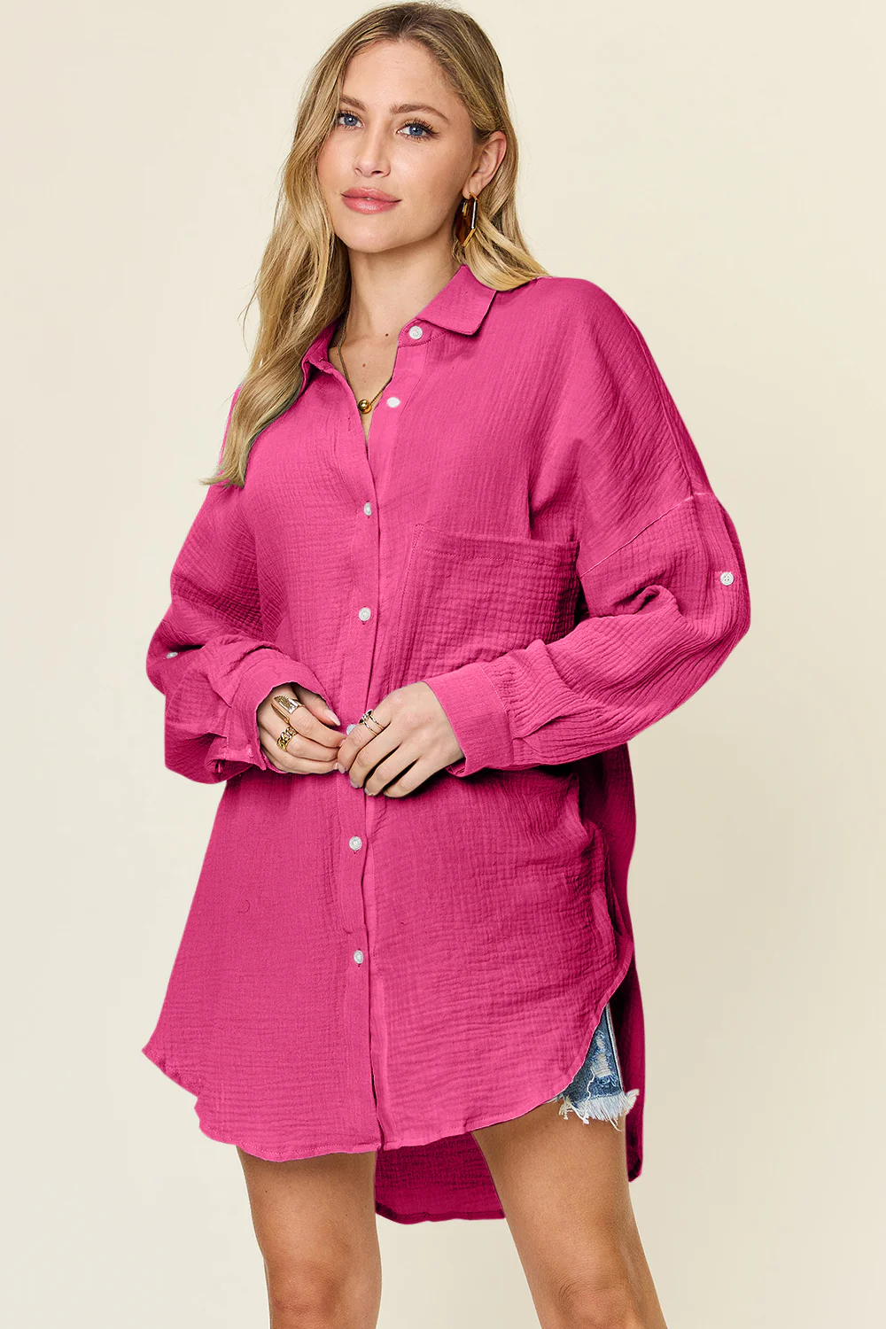 Double Take Full Size Pocketed Texture Button Up Shirt - Image 8