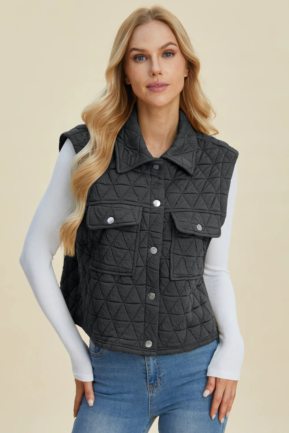 Double Take Full Size Pocketed Texture Snap Down Vest Coat - Image 11