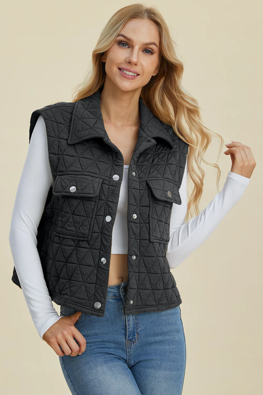 Double Take Full Size Pocketed Texture Snap Down Vest Coat - Image 9