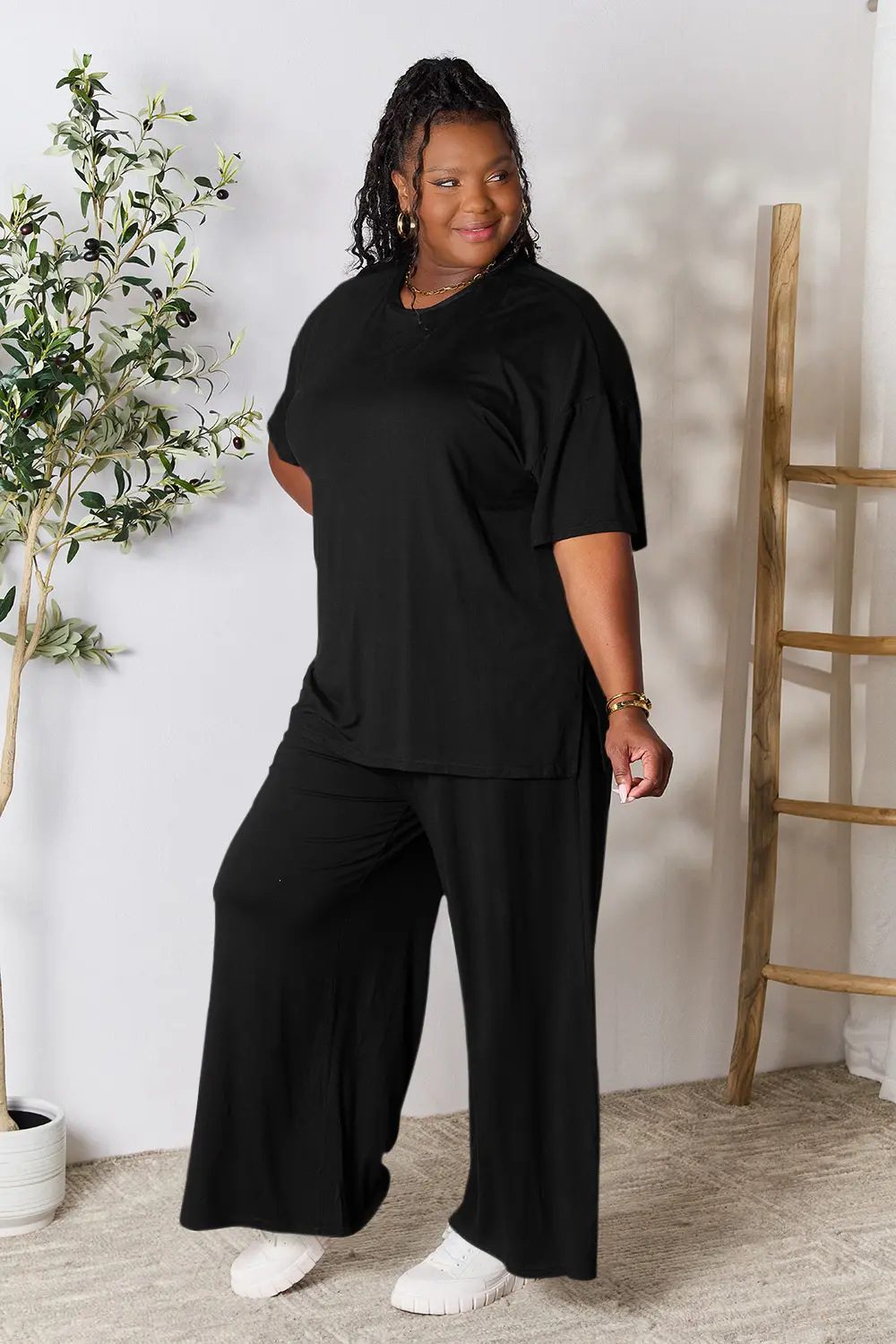 Double Take Full Size Round Neck Slit Top and Pants Set - Image 10
