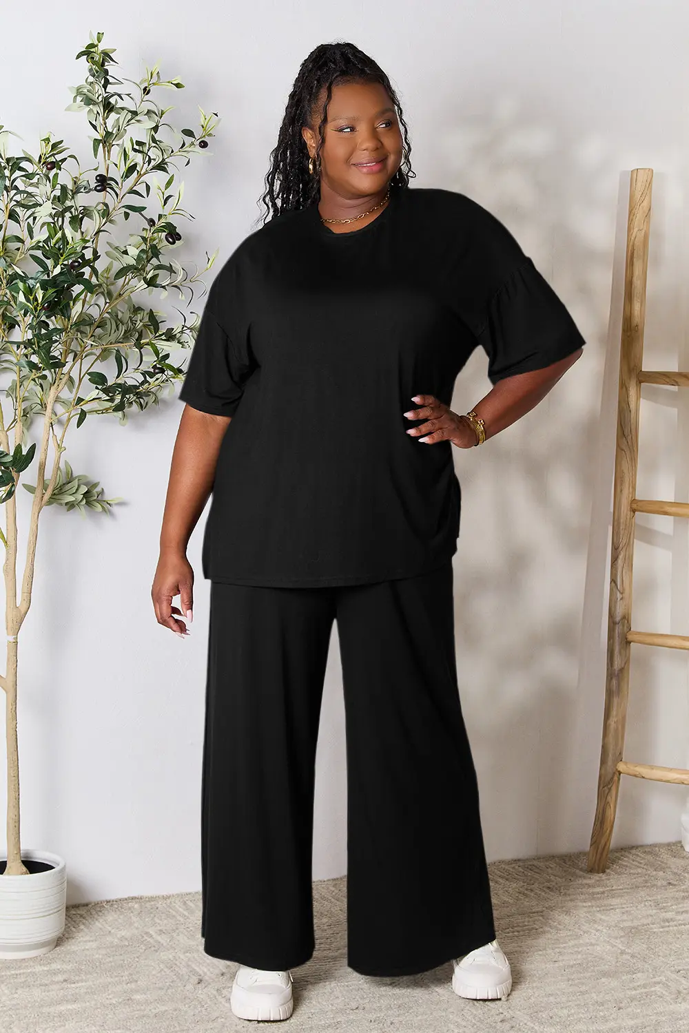 Double Take Full Size Round Neck Slit Top and Pants Set - Image 11