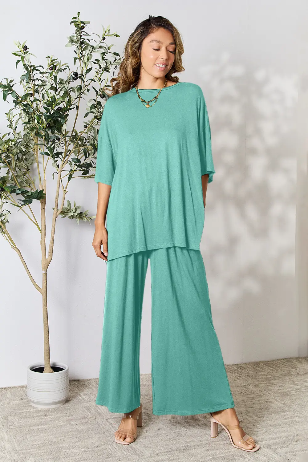 Double Take Full Size Round Neck Slit Top and Pants Set - Image 12