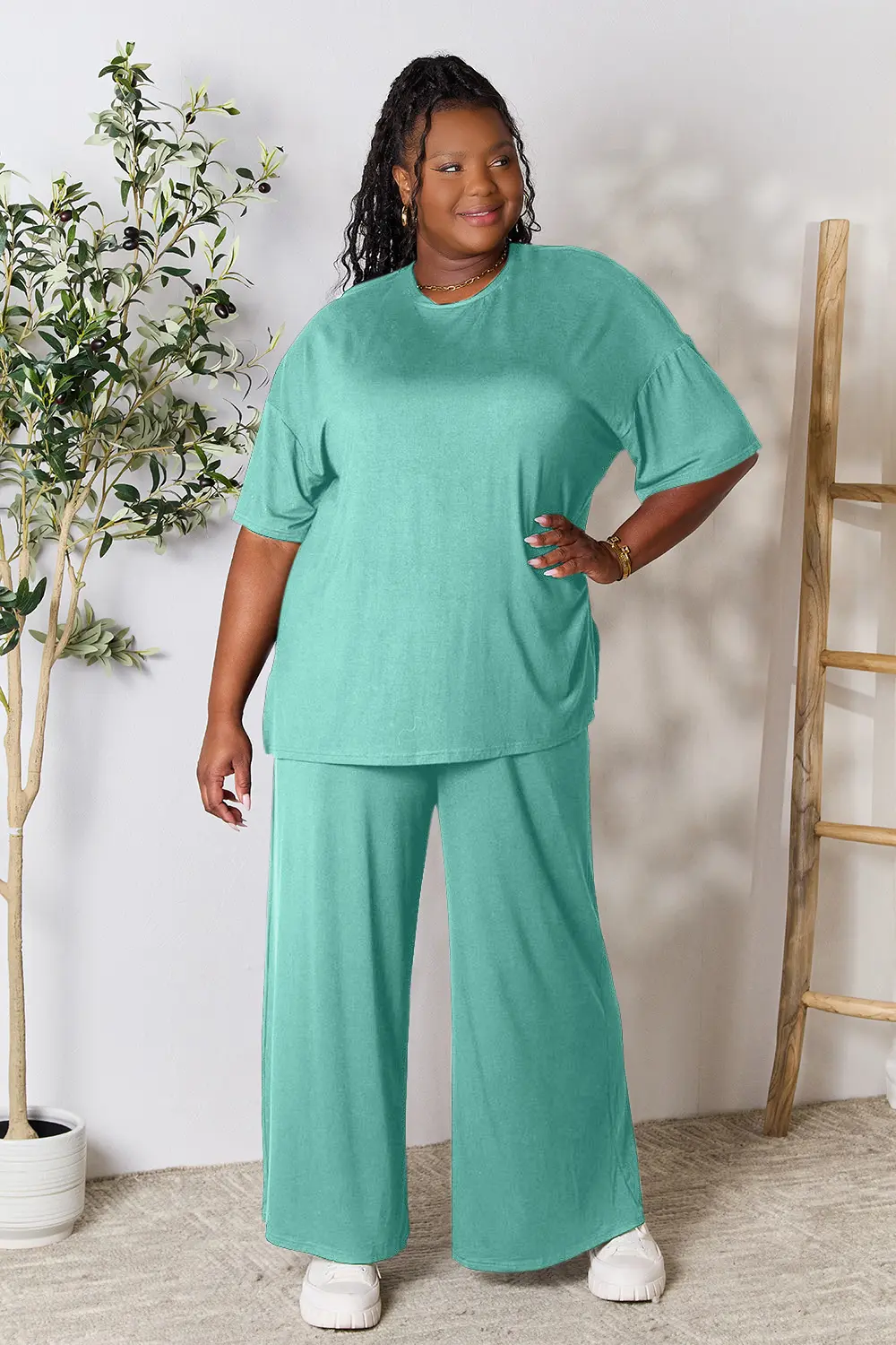 Double Take Full Size Round Neck Slit Top and Pants Set - Image 14