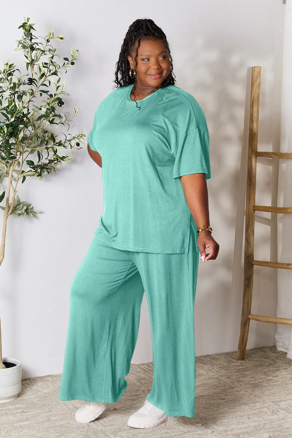 Double Take Full Size Round Neck Slit Top and Pants Set - Image 15