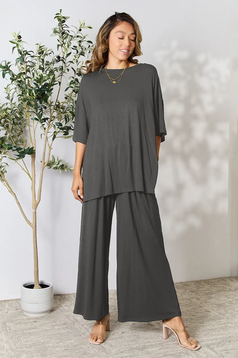 Double Take Full Size Round Neck Slit Top and Pants Set - Image 18