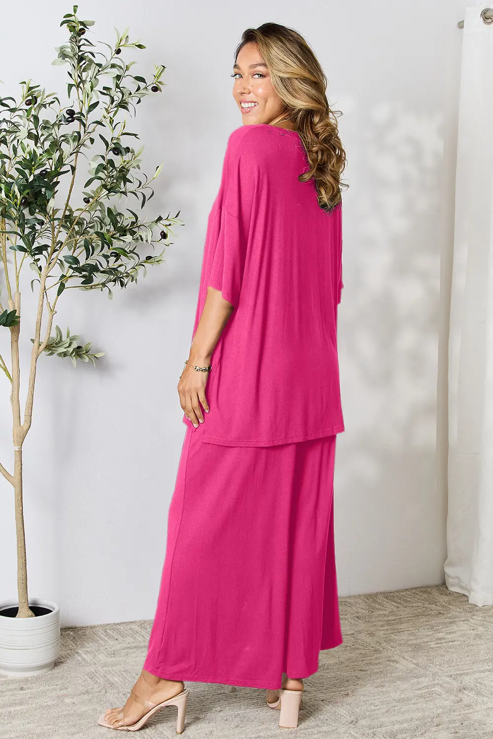 Double Take Full Size Round Neck Slit Top and Pants Set - Image 2
