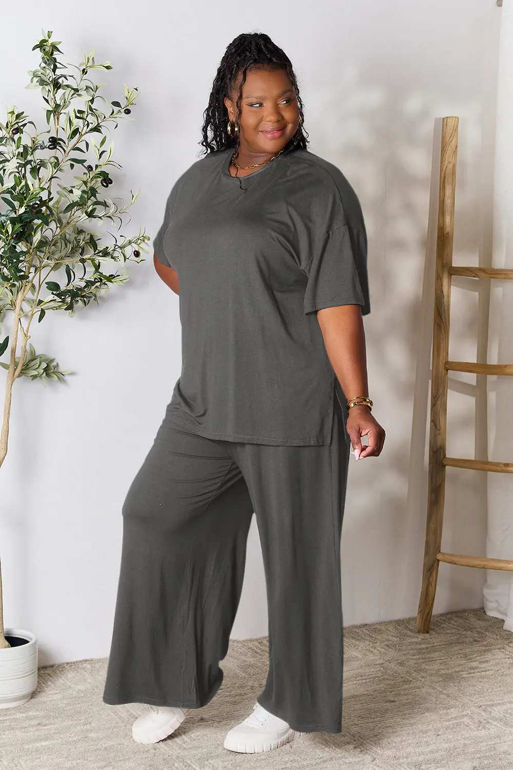 Double Take Full Size Round Neck Slit Top and Pants Set - Image 20