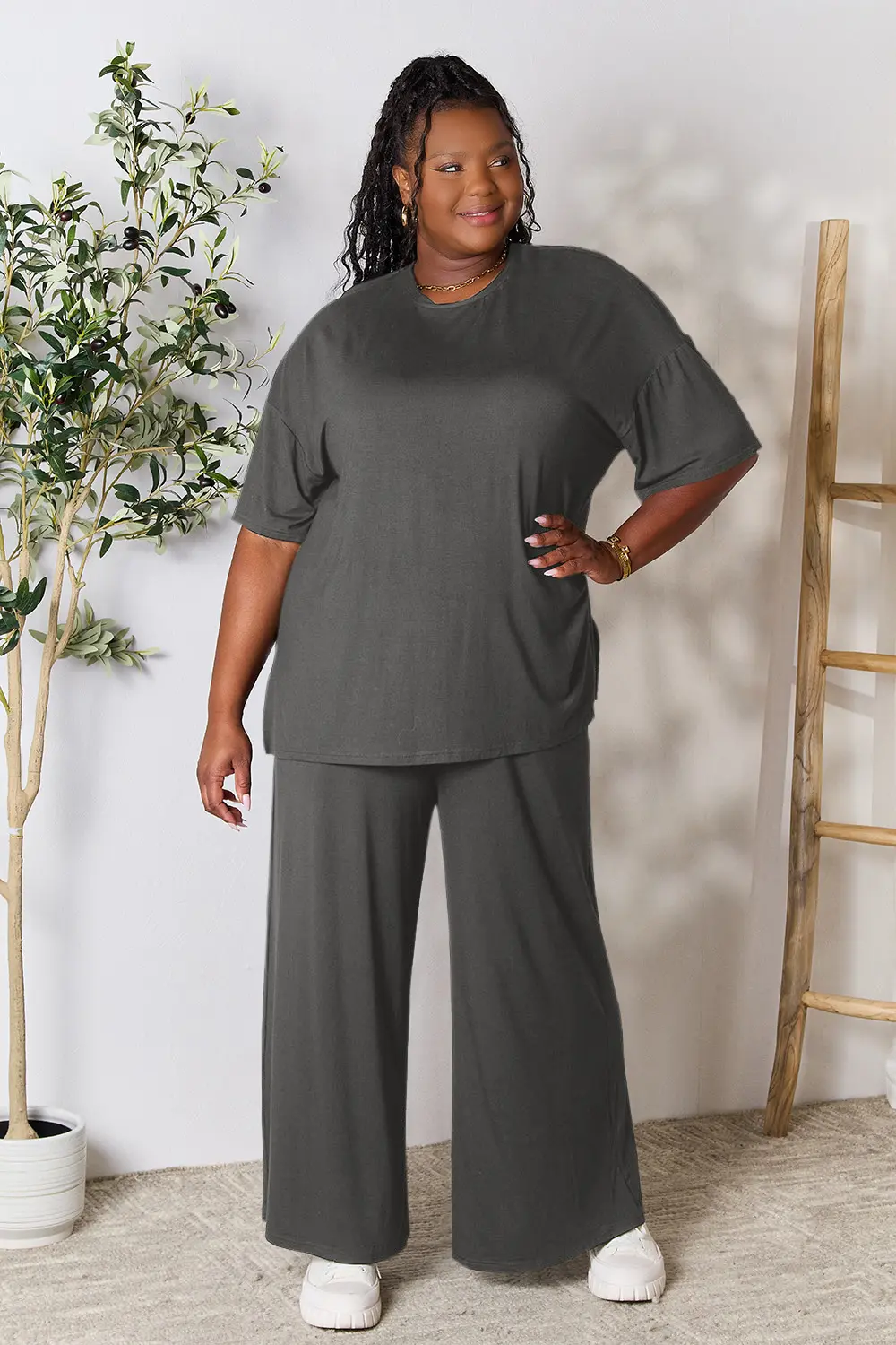 Double Take Full Size Round Neck Slit Top and Pants Set - Image 21