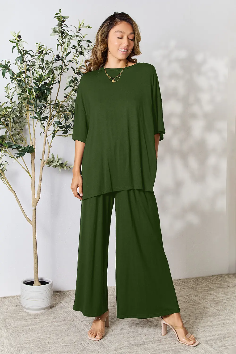 Double Take Full Size Round Neck Slit Top and Pants Set - Image 24