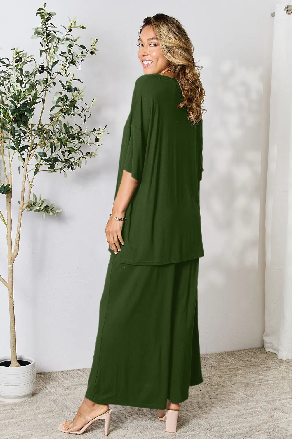 Double Take Full Size Round Neck Slit Top and Pants Set - Image 25