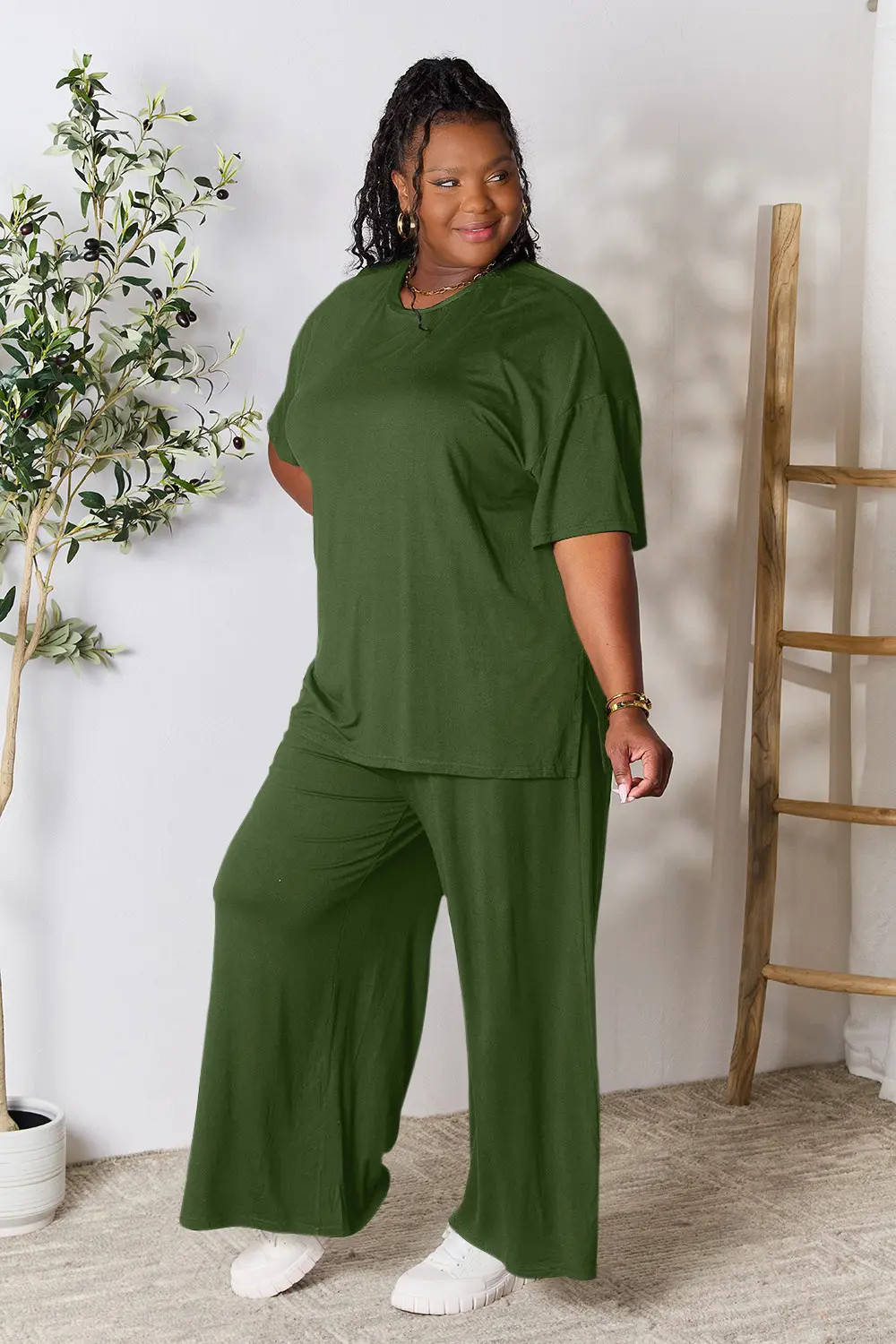 Double Take Full Size Round Neck Slit Top and Pants Set - Image 26