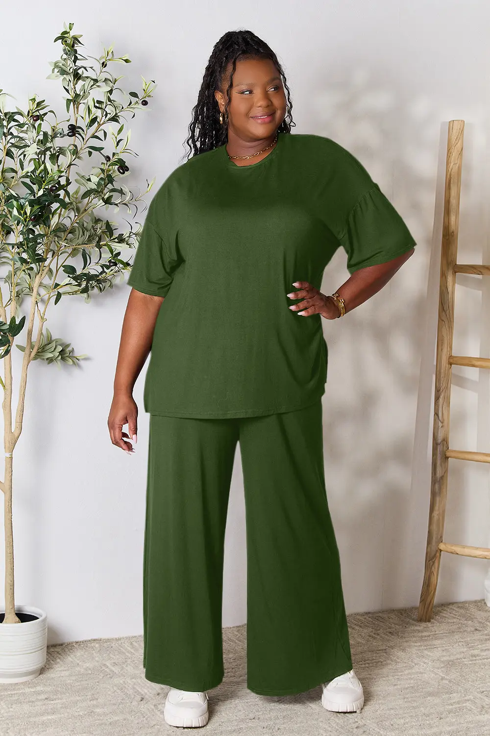 Double Take Full Size Round Neck Slit Top and Pants Set - Image 28