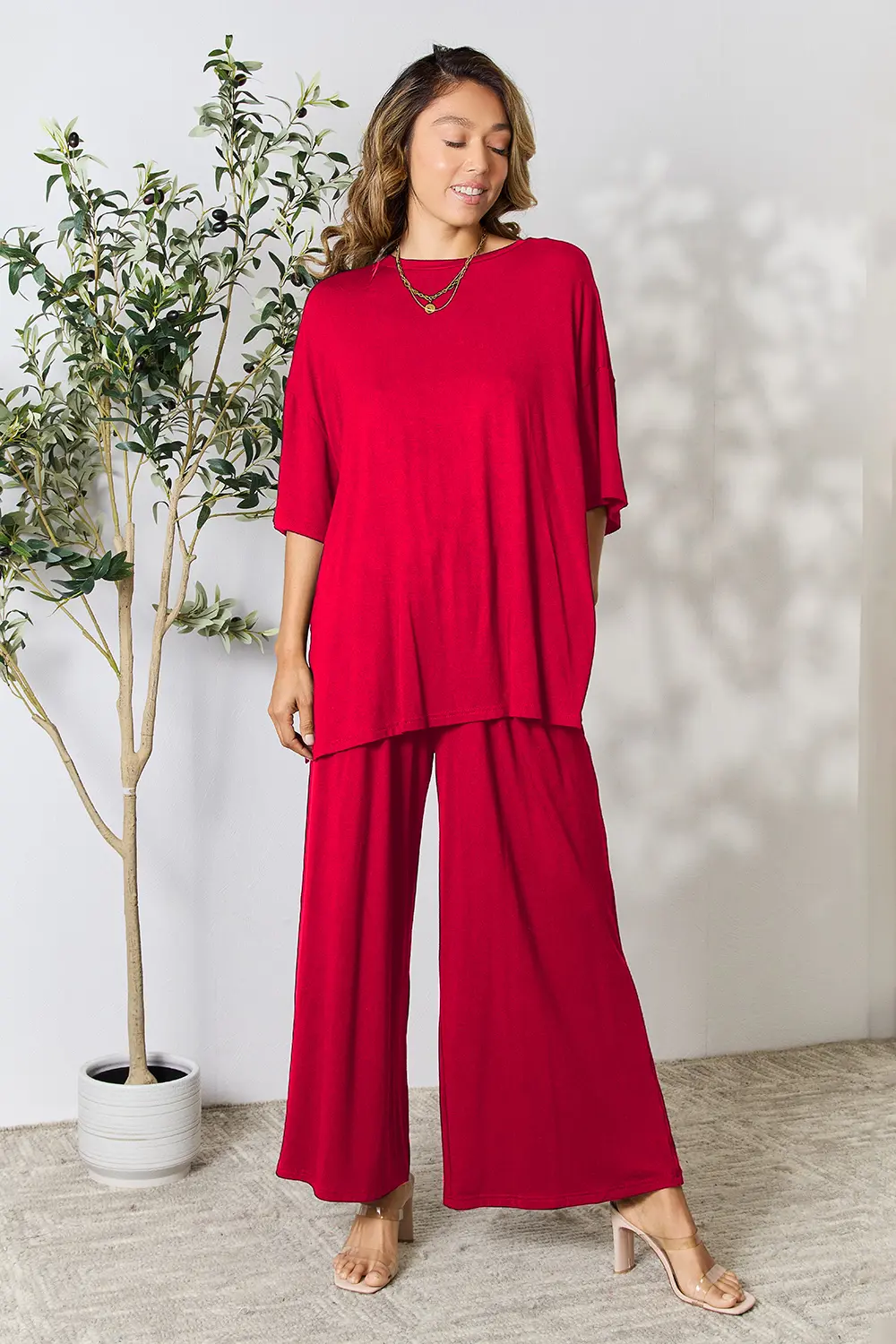 Double Take Full Size Round Neck Slit Top and Pants Set - Image 29