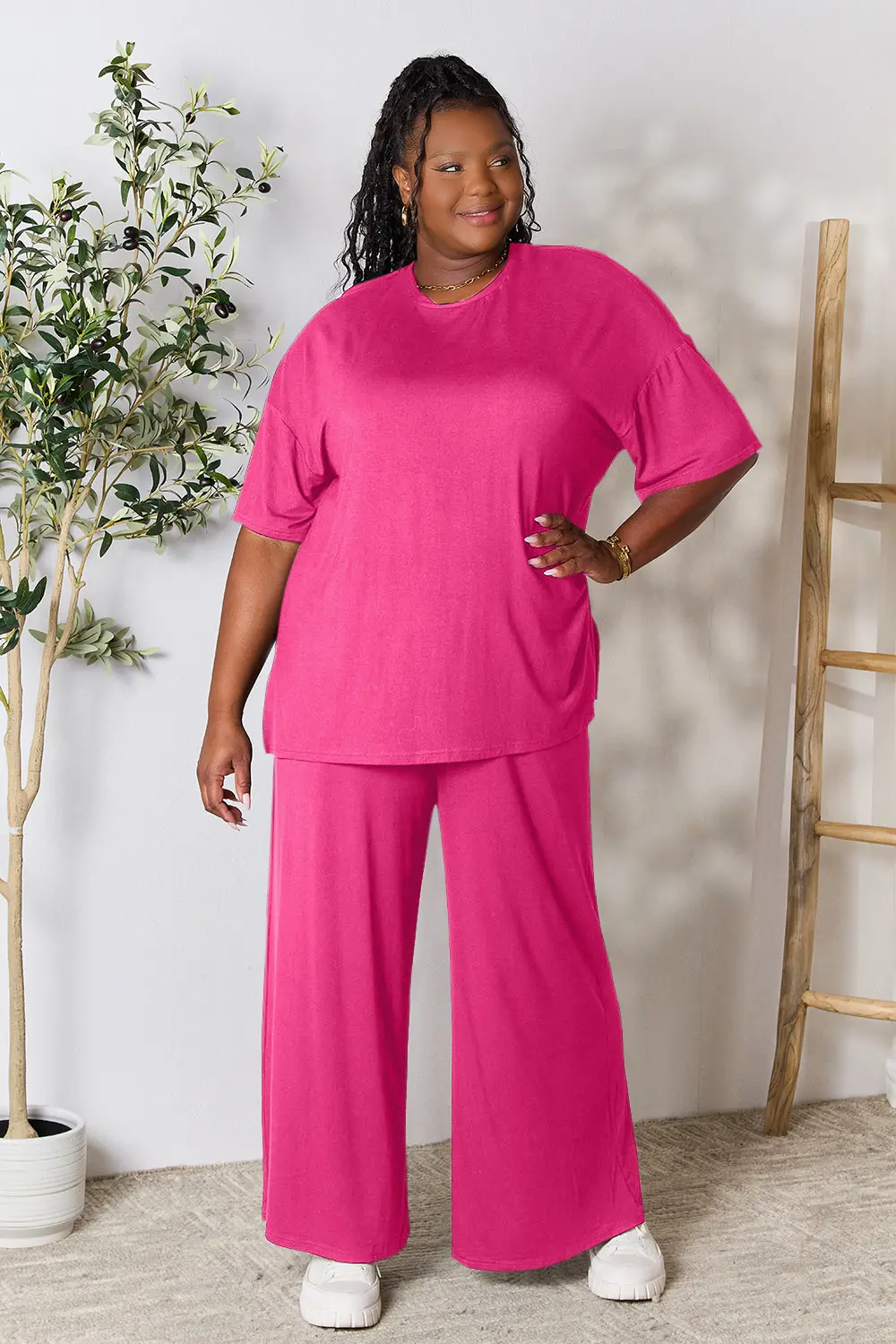 Double Take Full Size Round Neck Slit Top and Pants Set - Image 3