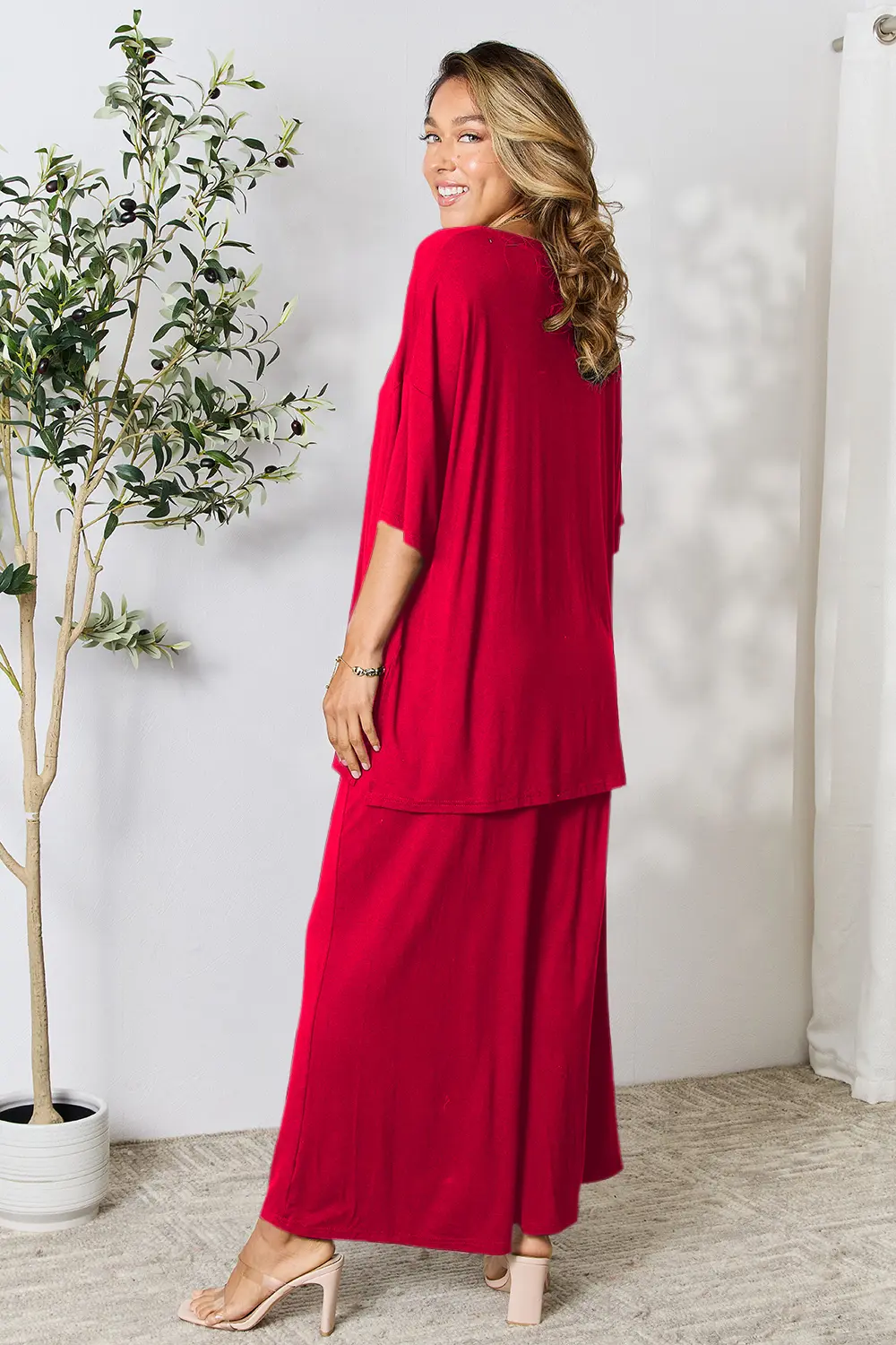 Double Take Full Size Round Neck Slit Top and Pants Set - Image 30